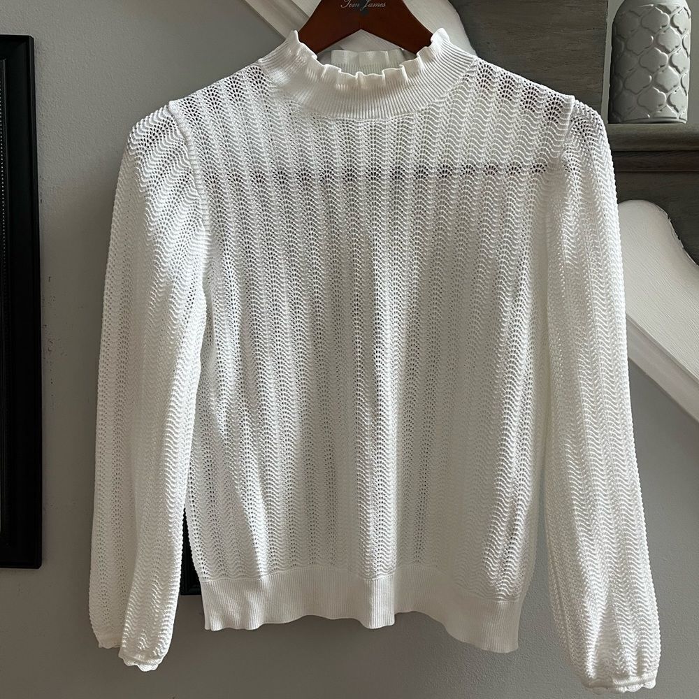 J. Crew Re-Imagined White Pointelle Ruffle Mock Neck Sweater sz S EUC NWOT